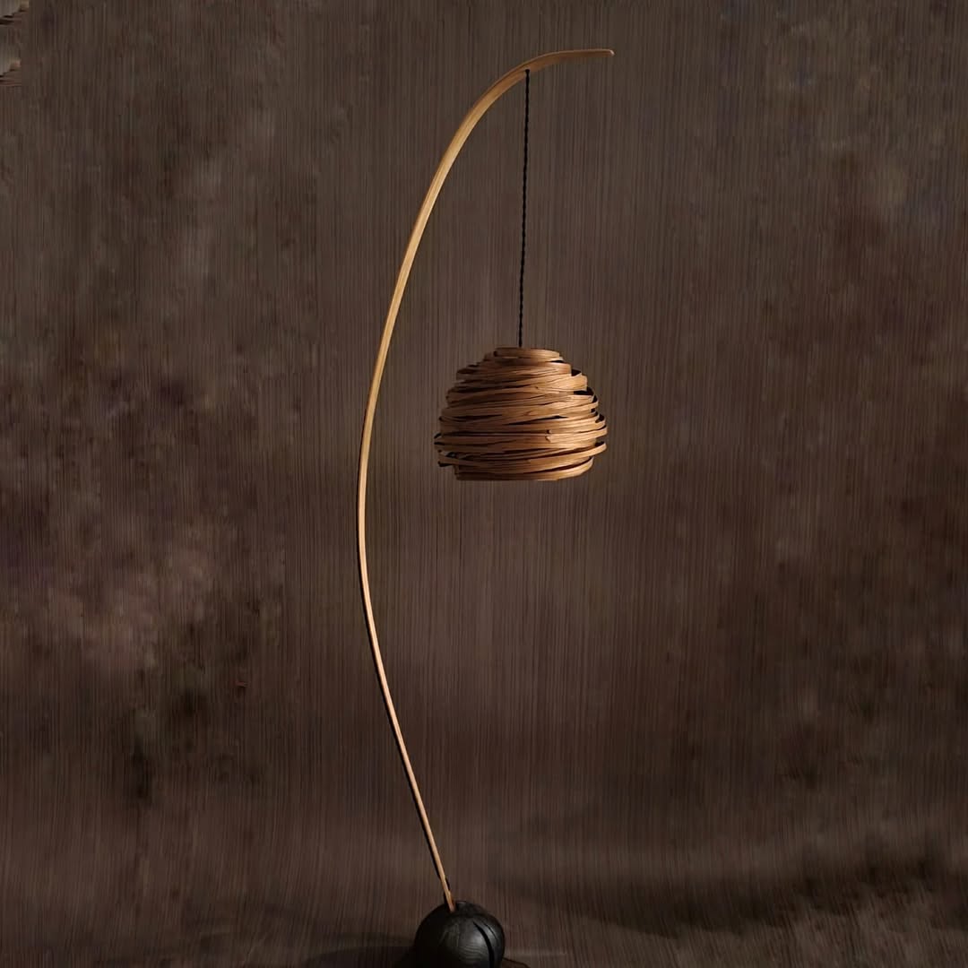 Teck Originel sculptural lamp — 190 cm, aged teak veneer shade